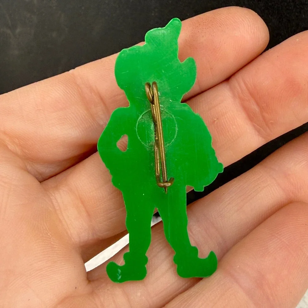 Vintage Leprechaun Pin Elf Green Plastic Pot of Gold St Patricks Day Kitch